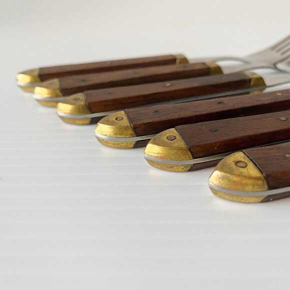Vintage France Stainless Dinner Forks with Wood Brass Handle Set of 6 MCM - Picture 5 of 6